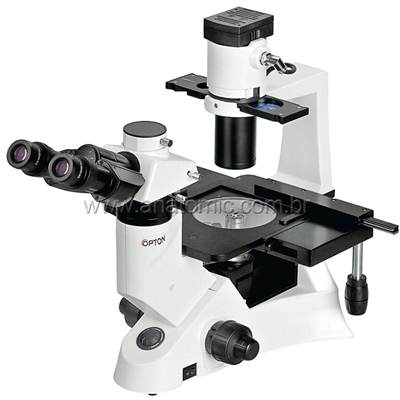 Microscópio Biológico Trinocular Invertido com Aumento de 40x até 400x ou 40x até 600x (opcional), Objetiva Planacromática Infinita, Iluminação 30W Halogênio e Contraste de Fase.