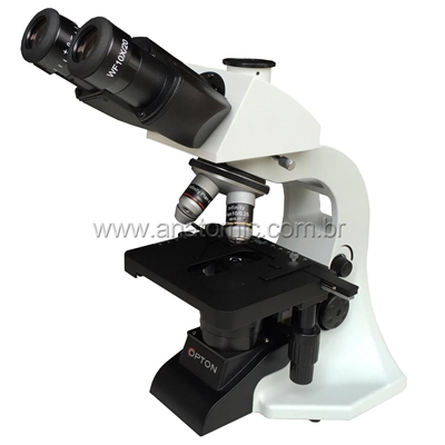 Microscópio Biológico Trinocular com Cinco Objetivas e Aumentos de 40x, 100x, 200x, 400x e 1000x ou até 1500x (opcional). Objetiva Plana Infinita e Iluminação LED 5W.