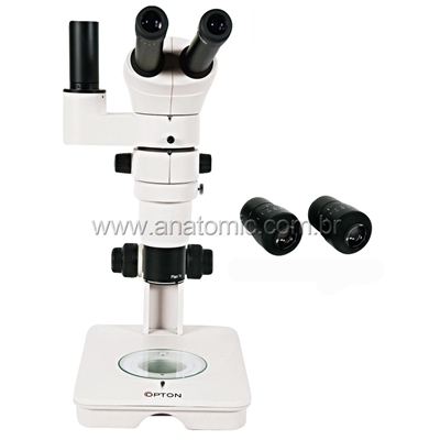 Microscópio Estereoscópico Trinocular, Zoom 0.8X ~ 8X, Obj. Plana 1X, Aumento 8X até 160x (Opcional 320x), Iluminação Transmitida e Refletida a LED 2W