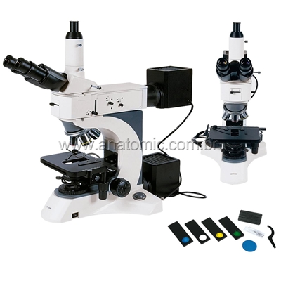 Microscópio Trinocular com Aumento 50x Até 1000x, Objetiva Planacromática Infinita, Iluminação 100W Halogênio